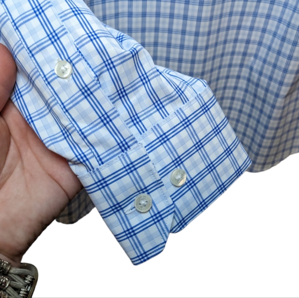 NWT Perry Ellis Portfolio Travel Luxe Blue Check Tech Shirt Neck 16 34/35 💙✨ - Picture 8 of 12